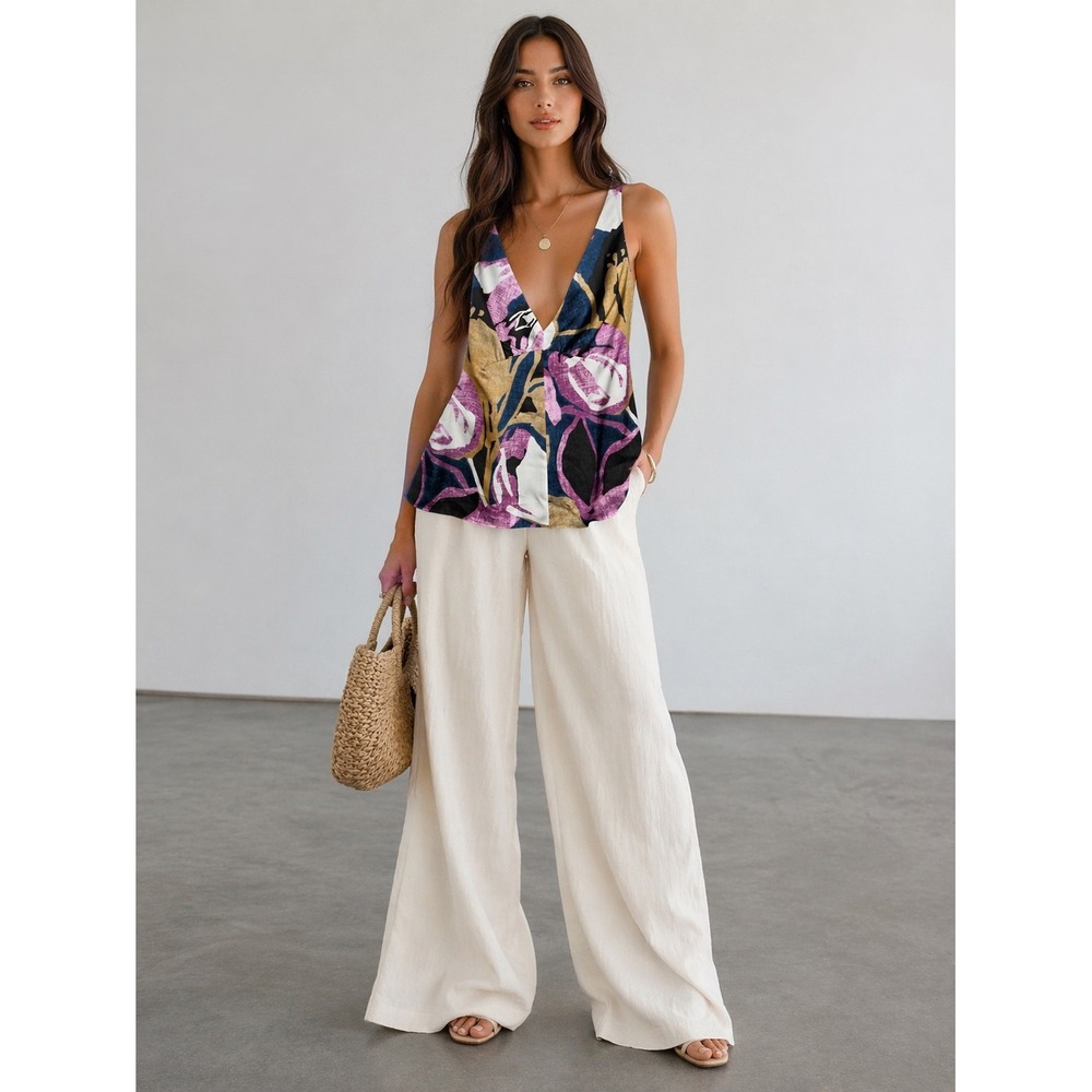Banana Republic Floral Camisole Women L Purple Gold V-Neck Satin Side Zip Top